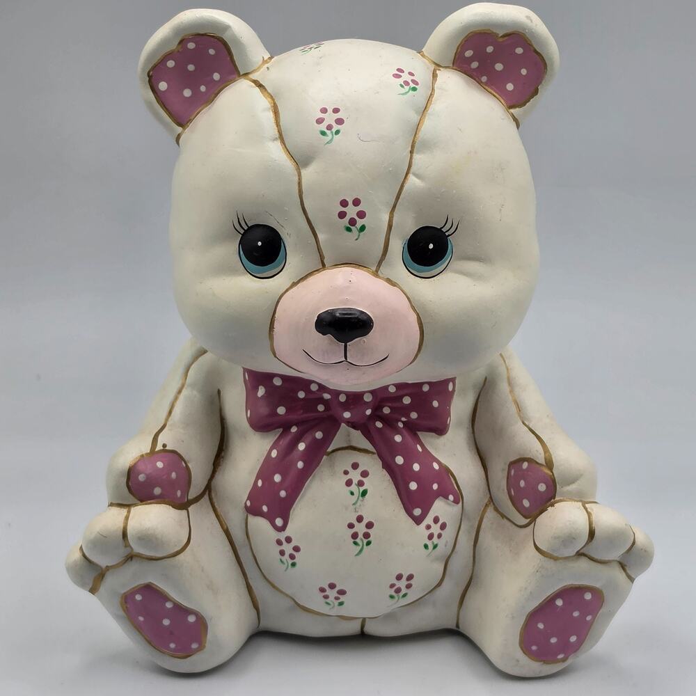 Vintage 1987 Lefton Teddy Bear Coin Bank Pink Floral Nursery Decor 6 Inch Flawed
